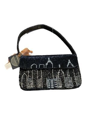 From India to You Hand Beaded NYC Skyline Shoulder Purse, Black, Gold & Silver.